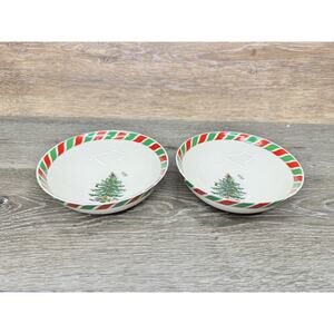 Spode Christmas Tree Candy Cane Bowl Red & Green Border 6" ~set Of 2